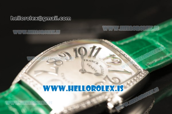Franck Muller CINTREE CURVEX Diamond Bezel With Green Calfskin Strap Swiss Ronda 762 Quartz White Dial - Click Image to Close